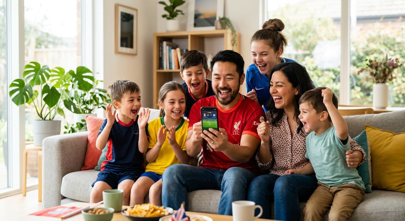 A family following the match live on a phone